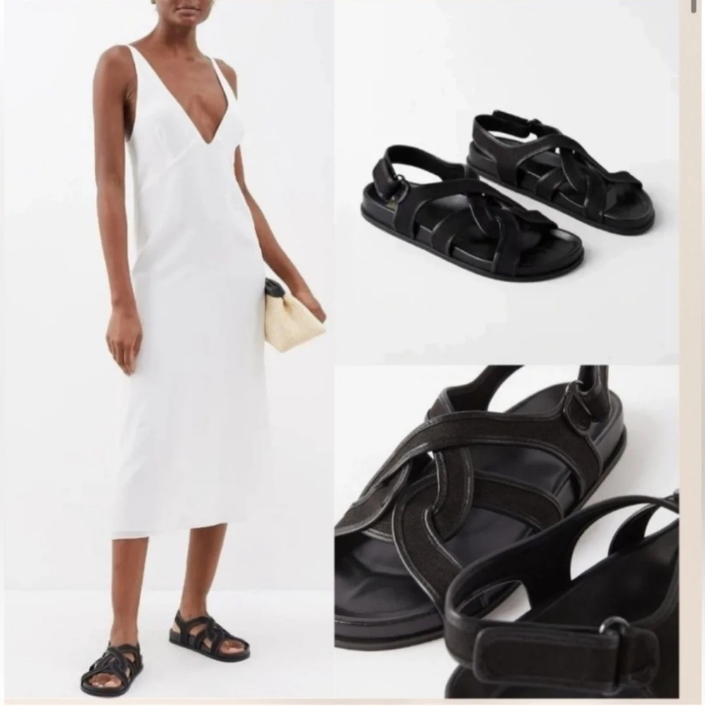 Toteme The Chunky Black Canvas Leather Flat Dad Style Sandals Women’s 40 US 9